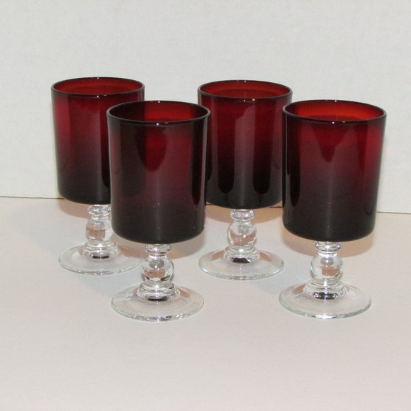 Vintage Ruby Red Glass Goblets 4 Wine Glasses Clear Ball Stem France 4 ounces - Picture 2 of 5